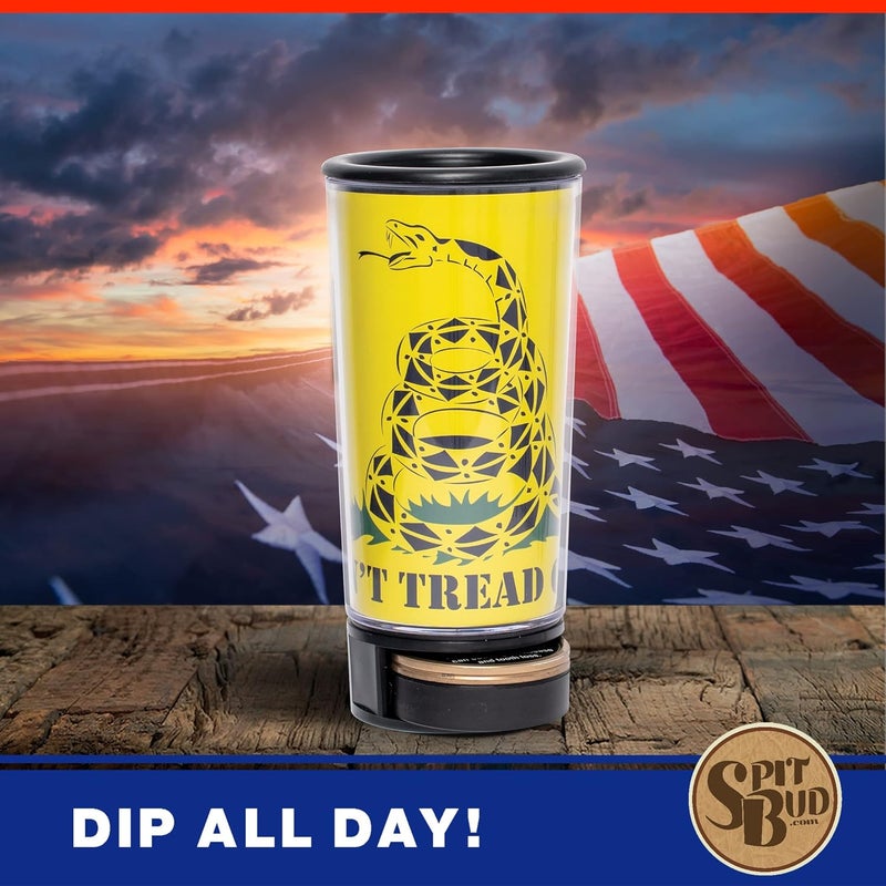 Spit Bud Don't Tread on Me #1 The Ultimate Spittoon for Chew - Portable Dip & Snuff Cup with Lid, Pop Tab, Spill-Proof Funnel, Can Cutter & Holder - Fit in Cup Holders - Holds 8oz - Made in USA - Image 3